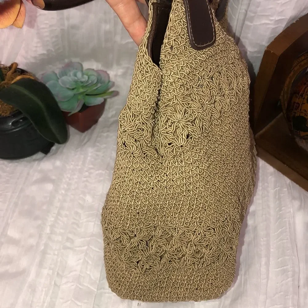 Macrame Crochet Faux Leather Combo Tan Brown Satchel